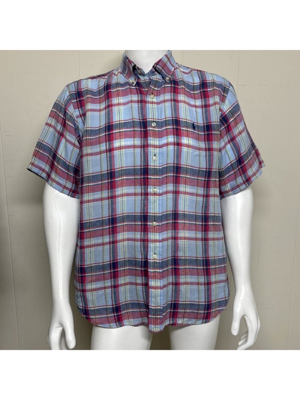 Ralph Lauren Plaid Linen Shirt Mens XL Classic Tartan Short Sleeve Pony Logo